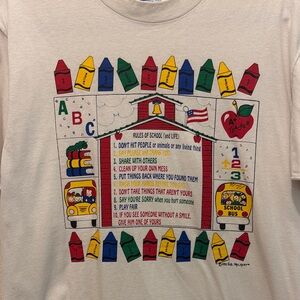 Vintage 90s teacher shirt kindergarten Prek rules crayons school bus abc 123